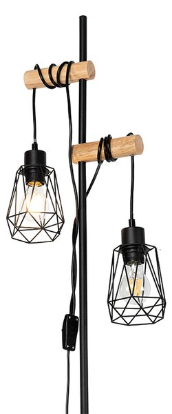 Rustikalna podna lampa crna s drvom 2-svjetla s nijansom - Dami Frame