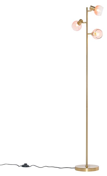 Art Deco podna lampa zlatne boje s ružičastim staklom 3 svjetla - Vidro