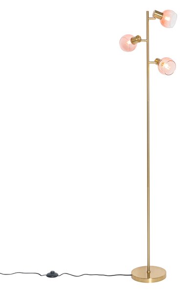 Art Deco podna lampa zlatne boje s ružičastim staklom 3 svjetla - Vidro