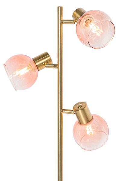 Art Deco podna lampa zlatne boje s ružičastim staklom 3 svjetla - Vidro