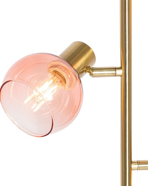 Art Deco podna lampa zlatne boje s ružičastim staklom 3 svjetla - Vidro