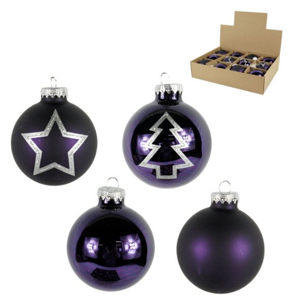 Set od 12 kom božićnih ukrasa PURPLE JOY staklenih 7,5 cm, ljubičasti