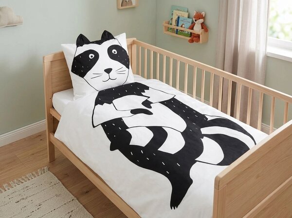 Pamučna posteljina za dječji krevetić RACCOON crno-bijela Dimenzije posteljine: 40 x 60 cm | 100 x 135 cm