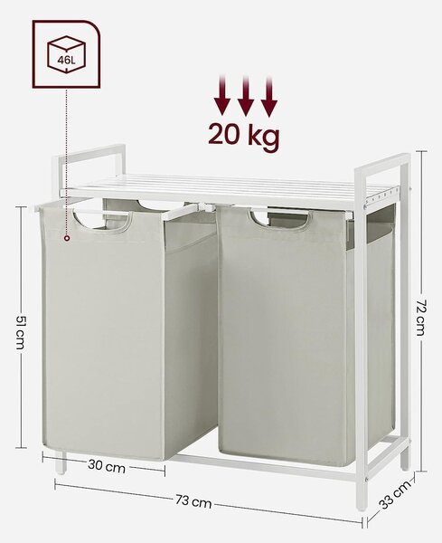 Košara za rublje s 2 odjeljka, policom i metalnim okvirom 2 x 46 L, bijelo-siva