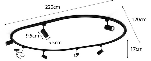 Moderni sustav rasvjete s 8 crnih reflektora, 1-fazni, ovalni, 200 cm - Iconic Jeana