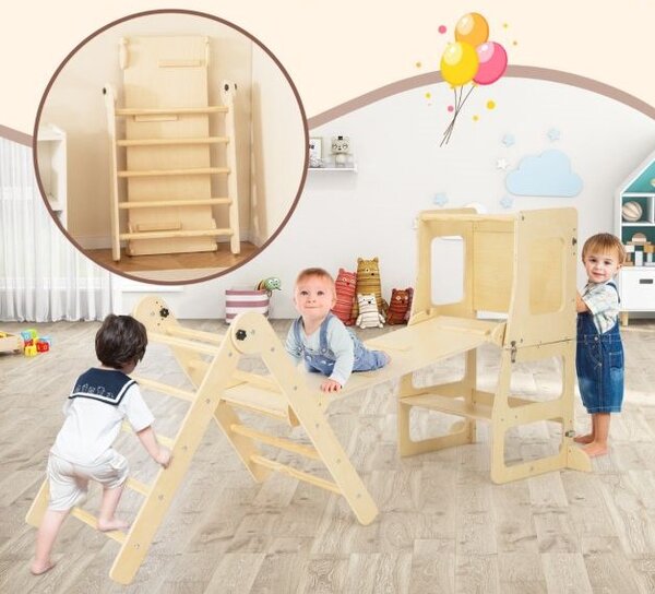 Plezalni set s toboganom, 7 u 1 unutarnje drveno penjalice za djecu od 3. godine - prirodno