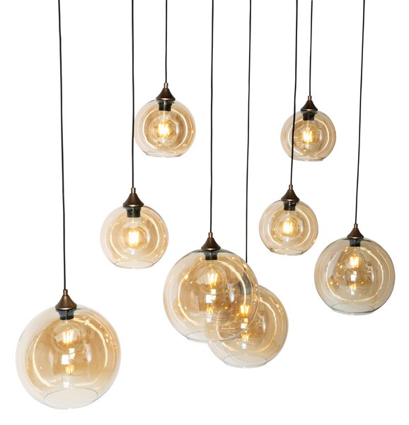 Smart Pendant Lamp Dark Bronze with Amber Glass Oval 8-Lights Incl. 8 Wifi G95 - Sandra