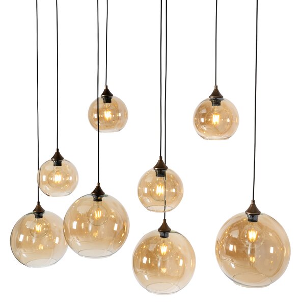 Smart Pendant Lamp Dark Bronze with Amber Glass Oval 8-Lights Incl. 8 Wifi G95 - Sandra