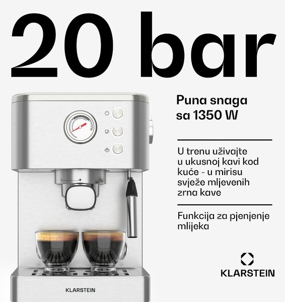Klarstein SteelPresso aparat za kavu s portafilterom, Kompaktan, 20 bar, Parobrod, Grijaća ploča