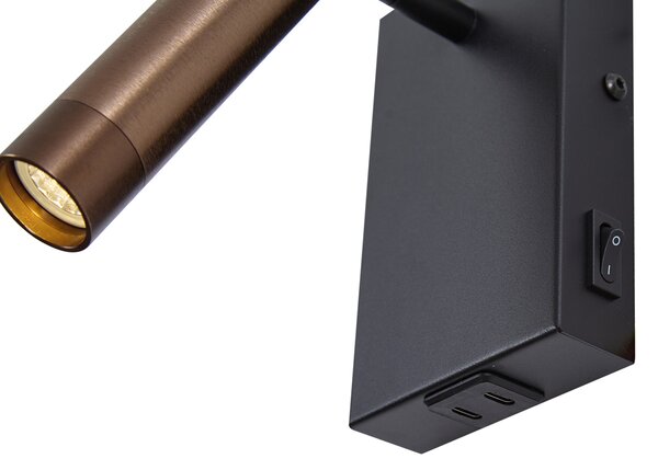 Moderna zidna svjetiljka crna s tamnom broncom podesiva s USB-C - Croft