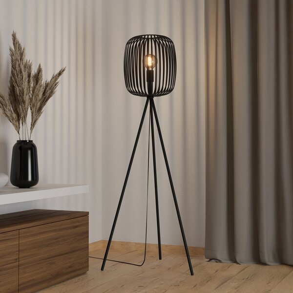 EGLO Podna lampa Romazzina, crna, visina 141 cm, metal, E27, Crno, Dnevni boravak/blagovaonica, Metal, tronožac