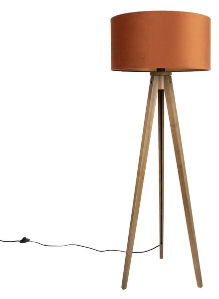 Drvena podna svjetiljka s narančastim sjenilom i zlatnom unutrašnjosti 50 cm - Tripod Classic