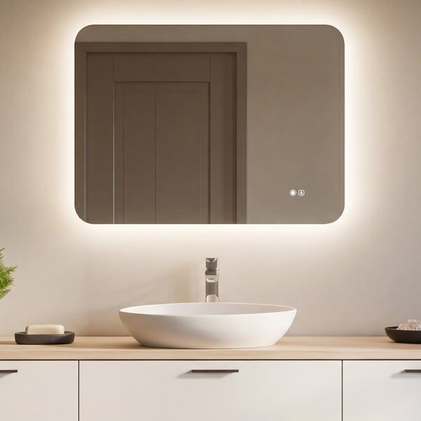 Zaobljeno ogledalo za kupaonicu s LED osvjetljenjem 80x60@x70Px700x808x1008x120 cm, dvobojno, dodirni prekidač, grijaća podloga