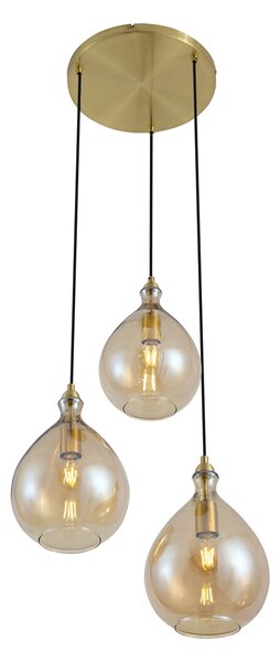 Smart hanglamp goud met amber glas 3-lichts incl. Wifi A60 - Traditional