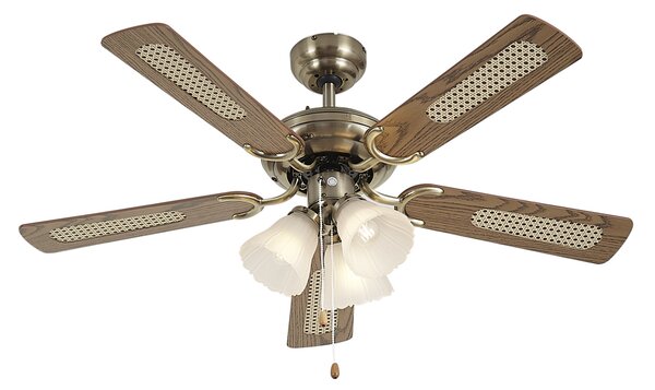 Ventilator za strop od mjedi s drvenim uzorkom i ratanom 105 cm s poteznim prekidačem - Mistral Lia