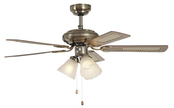 Ventilator za strop od mjedi s drvenim uzorkom i ratanom 105 cm s poteznim prekidačem - Mistral Lia