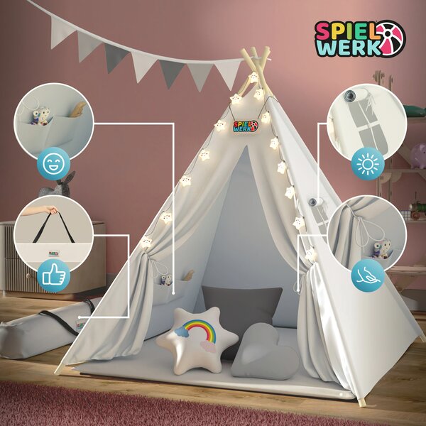 Dječji šator teepee JULIUS, 120x120x160 cm, bijela/siva Spielwerk
