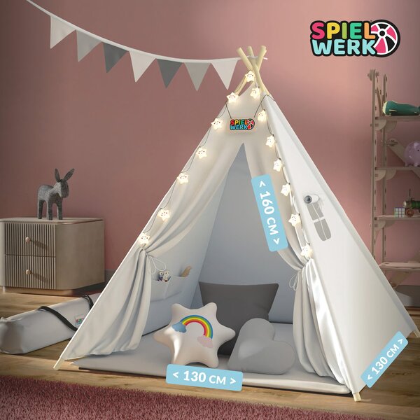Dječji šator teepee JULIUS, 120x120x160 cm, bijela/siva Spielwerk