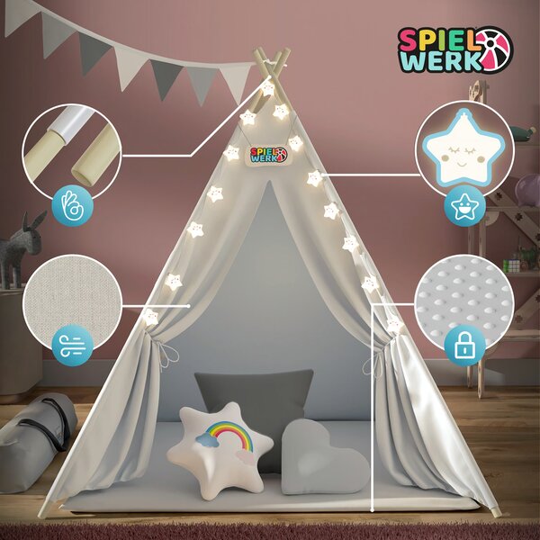 Dječji šator teepee JULIUS, 120x120x160 cm, bijela/siva Spielwerk
