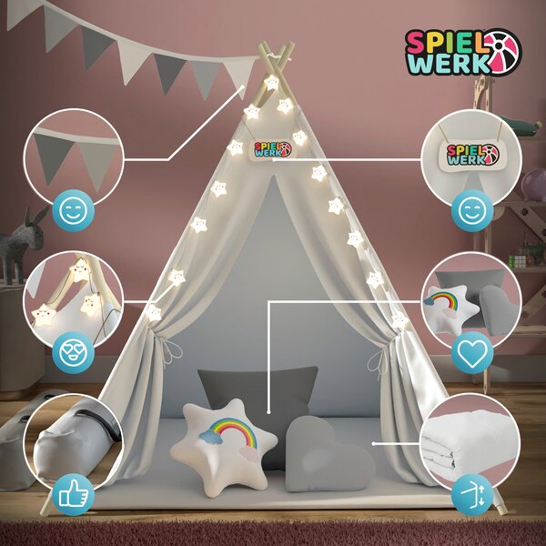 Dječji šator teepee JULIUS, 120x120x160 cm, bijela/siva Spielwerk