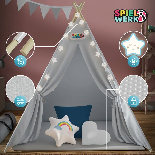 Dječji šator teepee JULIUS, 120x120x160 cm, siva/plava Spielwerk