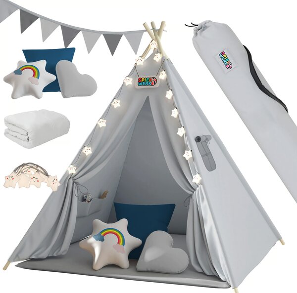 Dječji šator teepee JULIUS, 120x120x160 cm, siva/plava Spielwerk