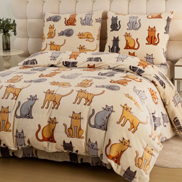 Set posteljine od mikropliša COLORED CATS krem + plahta od mikropliša SOFT 90x200 cm bijela, za jedan krevet