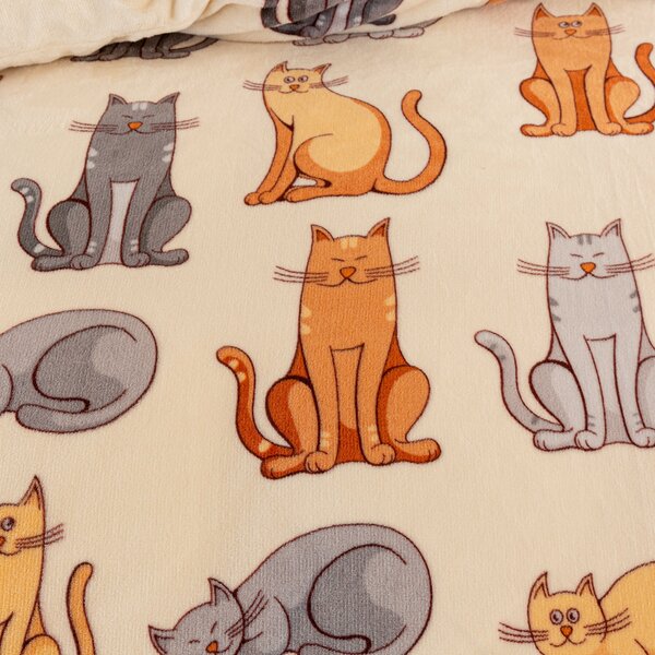 Set posteljine od mikropliša COLORED CATS krem + plahta od mikropliša SOFT 90x200 cm bijela, za jedan krevet