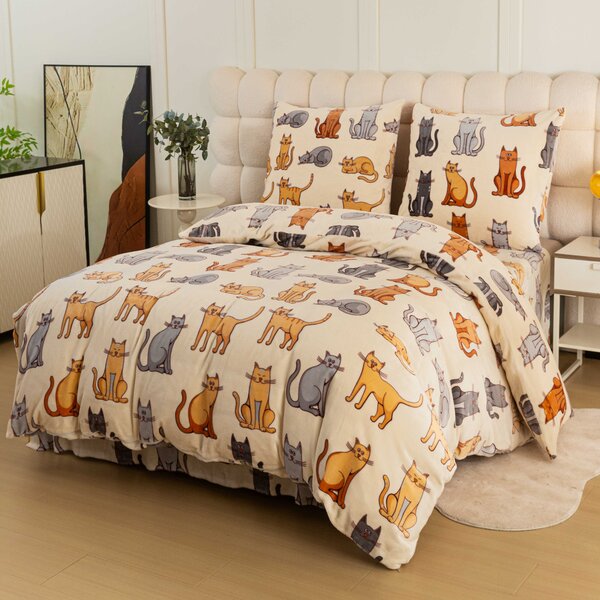 Set posteljine od mikropliša COLORED CATS krem + plahta od mikropliša SOFT 90x200 cm bijela, za jedan krevet