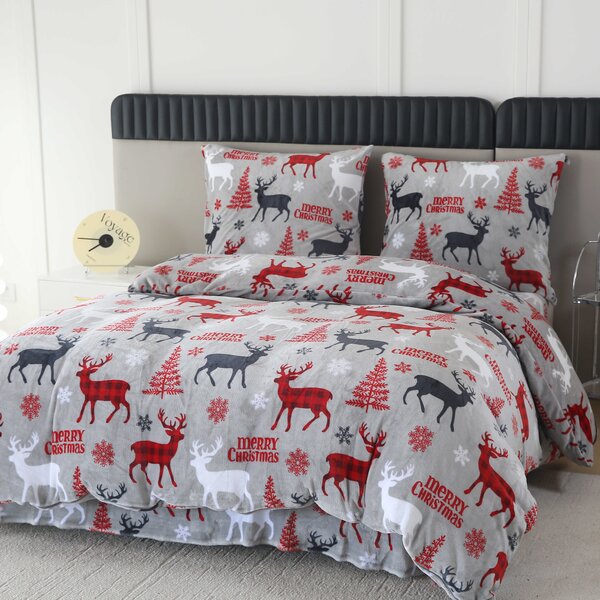 Set posteljine od mikropliša MERRY CHRISTMAS DEER sive + plahta od mikropliša SOFT 180x200 cm bijela, dvostruki krevet