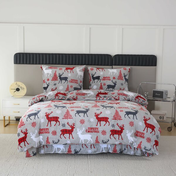 Set posteljine od mikropliša MERRY CHRISTMAS DEER sive + plahta od mikropliša SOFT 180x200 cm bijela, dvostruki krevet