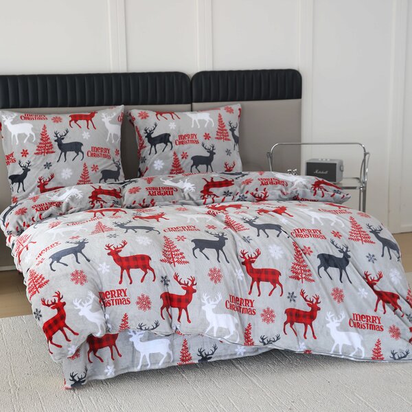 Set posteljine od mikropliša MERRY CHRISTMAS DEER sive + plahta od mikropliša SOFT 180x200 cm bijela, dvostruki krevet