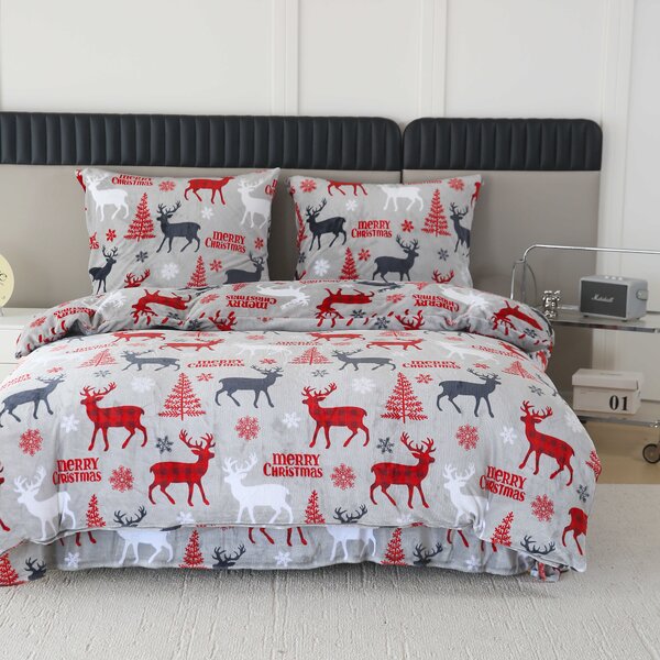 Set posteljine od mikropliša MERRY CHRISTMAS DEER sive + plahta od mikropliša SOFT 180x200 cm bijela, dvostruki krevet