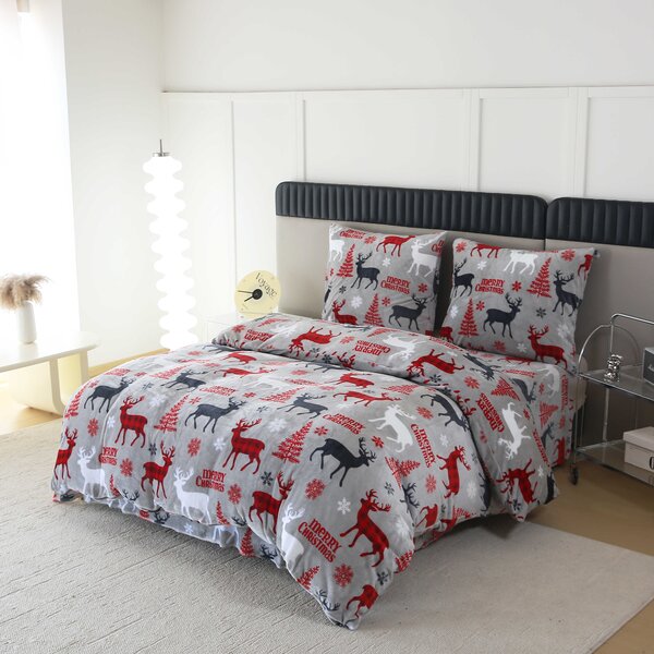 Set posteljine od mikropliša MERRY CHRISTMAS DEER sive + plahta od mikropliša SOFT 180x200 cm bijela, dvostruki krevet