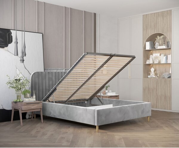 Sivi tapecirani bračni krevet s prostorom za pohranu s podnicom 180x200 cm Noto – Maison de Rêve