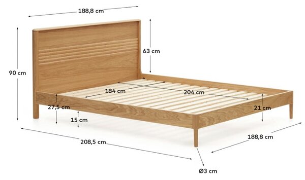 Bračni krevet od punog hrasta s podnicom 180x200 cm u prirodnoj boji Lenon – Kave Home
