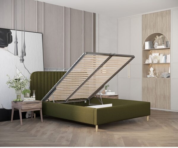 Zeleni tapecirani bračni krevet s prostorom za pohranu s podnicom 180x200 cm Noto – Maison de Rêve