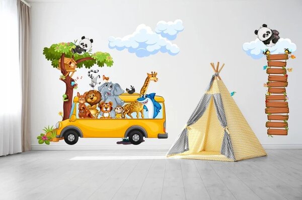 Zidna naljepnica za djecu sretne safari životinje u autobusu 60 x 120 cm