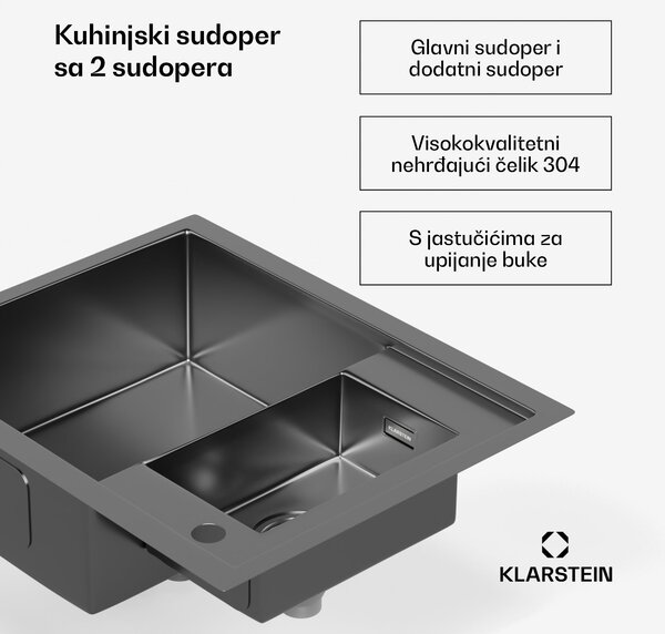 Klarstein TitanSteel kuhinjski sudoper, 61 x 50 cm, 2 sudopera, nehrđajući čelik, otporan na toplinu