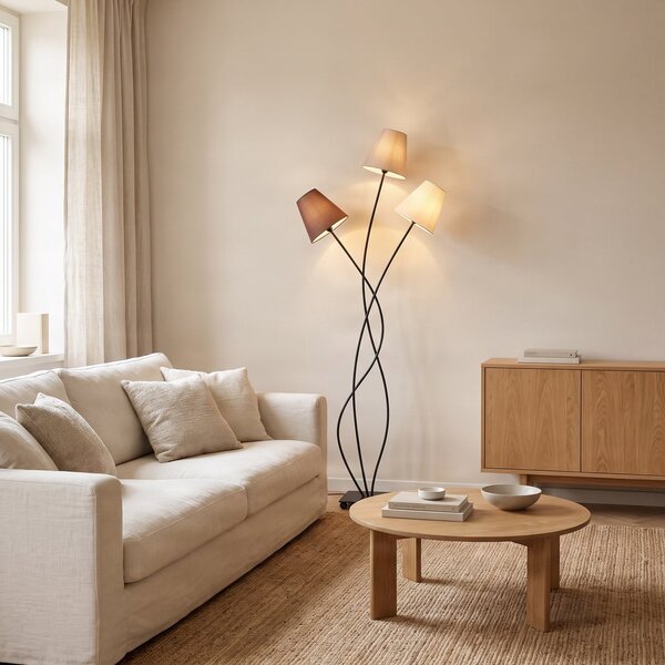 Lindby podna lampa Melis, 130 cm, tri žarulje, tekstil, Sivo, Dnevni boravak/blagovaonica, Tkanina / tekstil