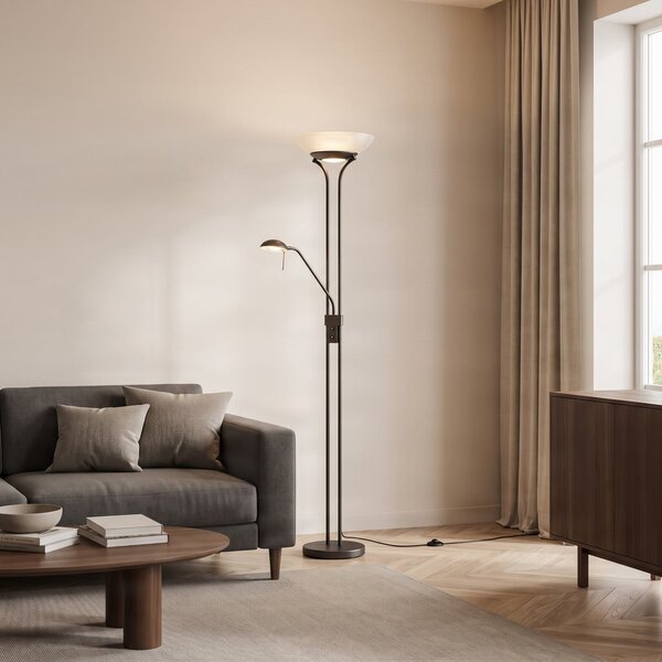 Lindby Yveta LED podna lampa, boje hrđe, lampa za čitanje, dimabilna, prigušiva, Smeđa / hrđa, Dnevni boravak/blagovaonica, Metal, Svjetlo za čitanje