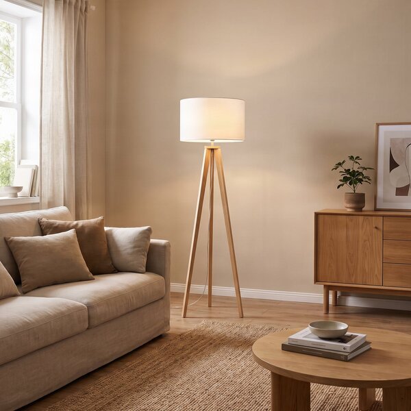 Lindby podna lampa Charlia, bijela, drvo, visina 150cm, Bijela, Dnevni boravak/blagovaonica, Tkanina / tekstil, tronožac