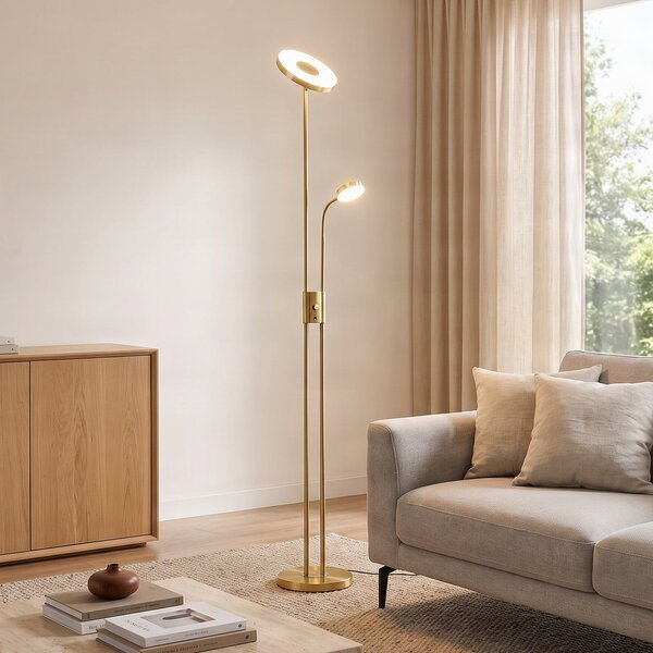 Lindby LED podna lampa Seppa, okrugla, mesing, metal, 180 cm, prigušiva, Zlato / mjed, Dnevni boravak/blagovaonica, Metal, Svjetlo za čitanje