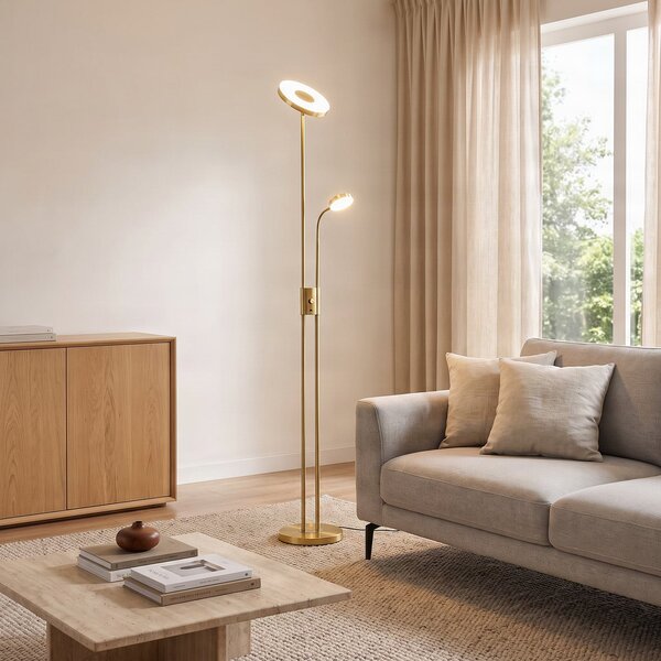 Lindby LED podna lampa Seppa, okrugla, mesing, metal, 180 cm, prigušiva, Zlato / mjed, Dnevni boravak/blagovaonica, Metal, Svjetlo za čitanje