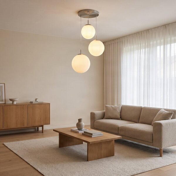 Lindby viseća lampa Heleska, bijela, staklo, 3 žarulje, Ø 47cm, prigušiva, Bijela, Dnevni boravak/blagovaonica, Staklo, Zavjese u paketu