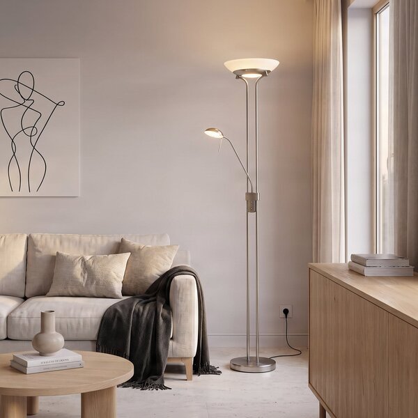 Lindby Yveta LED podna lampa, nikl-boje, lampa za čitanje, prigušiva, prigušiva, Metalik, Dnevni boravak/blagovaonica, Metal, Svjetlo za čitanje