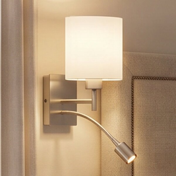 Lindby zidna lampa Camilo, boja nikla, LED svjetlo za čitanje, 28 cm, Metalik, Dnevni boravak/blagovaonica, Tkanina / tekstil, Svjetlo za čitanje