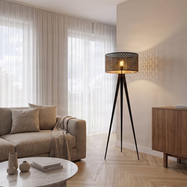 Lindby podna lampa Thoralf, tronožac, crna, tekstil, Ø50cm, Crno, Dnevni boravak/blagovaonica, Metal, Stalak kišobran