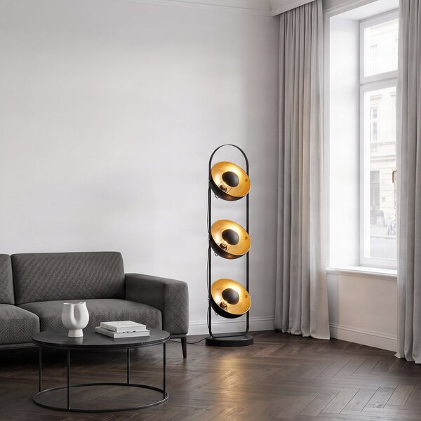 Lindby podna lampa Muriel, 3 žarulje, crna/zlatna, metal, Crno, Dnevni boravak/blagovaonica, Metal
