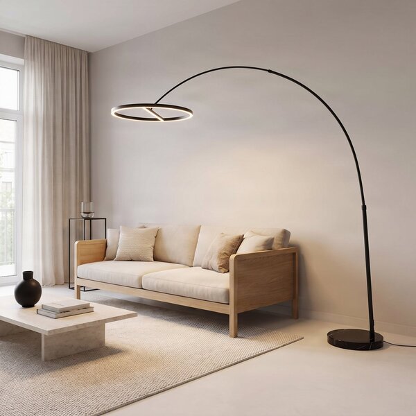 Lucande LED arc podna svjetiljka Virvera, okrugla, crna, metal, Crno, Dnevni boravak/blagovaonica, Metal